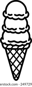 Illustration of three stacked ice cream cones drawn with black lines