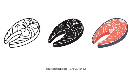 An illustration of three steak cuts in black and white line art and salmon color on white background