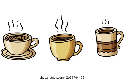 illustration of three steaming cups of coffee in different styles. Hand-drawn cartoon design of hot beverages in mugs and cups with saucers. Perfect for café menus, coffee shop branding,