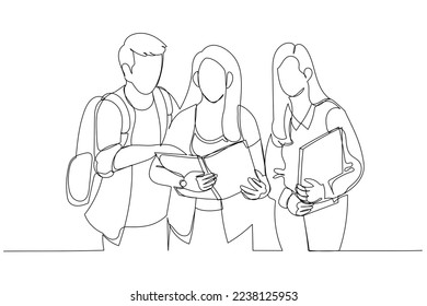 Illustration of three students learning reading a notebook and commenting in the street. Single line art style
