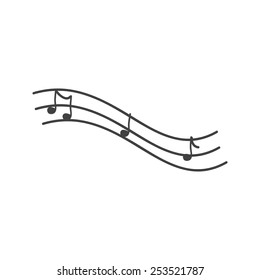 Illustration of three stylized cartoon like grey notes on three lines stave isolated on white background. Logo template, design element