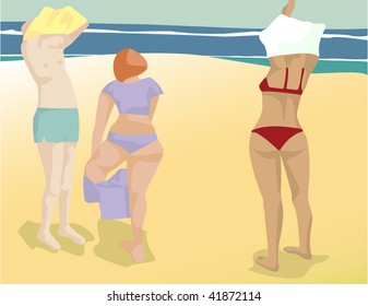Illustration of three sunbathers in a vintage graphic style.