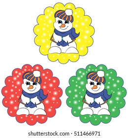 illustration with three sweet snowmen in wavy contour on yellow, red and green backgrounds, fluffy snowflakes, blue hat, scarf and mittens, set of three stickers for Christmas