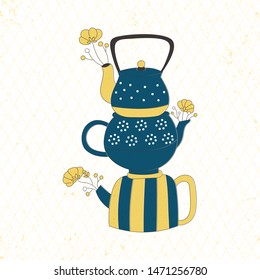 Illustration of three teapots standing on top of each other. Homeliness. Flowers in teapots. Vintage vector illustration for advertising. Web site design. For poster, sticker.