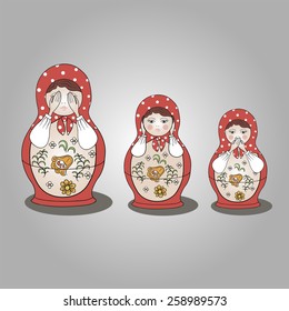 Illustration of three traditional nesting dolls "I see nothing. I hear nothing. I am silent."
