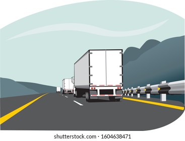 illustration of three trailer truck caravan in a highway