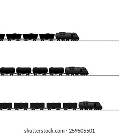 Illustration three train with powered locomotive, cisterns oil, coal freight wagons, container wagons on railroad ways (black icons transportation isolated on white) - vector