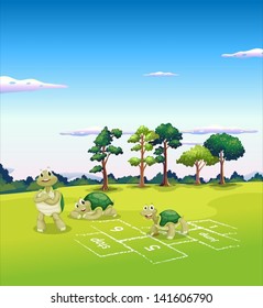 Illustration of the three turtles playing
