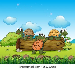 Illustration of the three turtles playing with the log