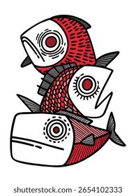Illustration of three unique fish in red, isolated from white background
