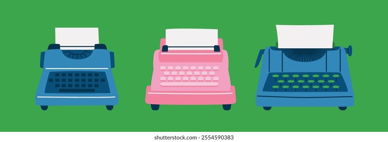 Illustration of three vintage typewriters in blue and pink with blank paper sheets on a green background. Flat minimalist style. Retro office and writing concept