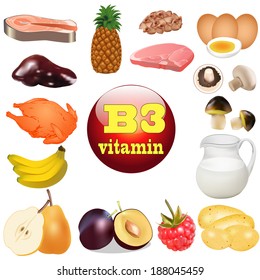 ilustración de tres vitaminas B. El origen de los alimentos vegetales en