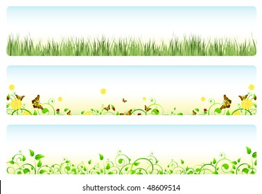 Illustration of three web banners in spring themes: foliage, grass, flowers and butterflies