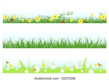 Illustration of three web banners in spring and summer themes: foliage, grass, flowers and butterflies