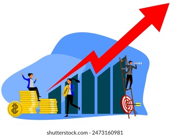 illustration of three well-dressed people around a graph enthusiastically and doing different activities. modern flat vector.