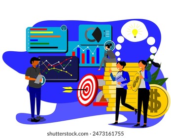 illustration of three well-dressed people around charts and coins, enthusiastically and discussingly conveying ideas. modern flat vector.