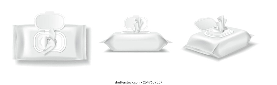 Ilustração de três toalhetes úmidos brancos em estilo realista. Cada embalagem é isolada sobre um fundo branco. Ideal para anunciar produtos de higiene e saúde.