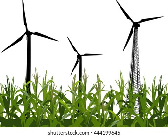 illustration with three wind power generator silhouettes in green maize isolated on white background