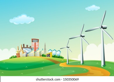 Illustration of the three windmills at the hilltop across the high buildings