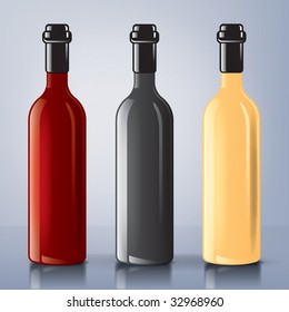 An illustration of three wine bottles, black, red and white, with reflexions