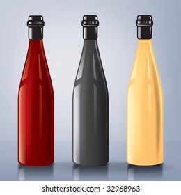 An illustration of three wine bottles, black, red and white, with reflexions