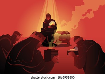 An illustration of three wise man giving treasures to baby Jesus. Christmas theme. Biblical series.