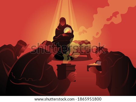 An illustration of three wise man giving treasures to baby Jesus. Christmas theme. Biblical series.