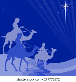 Illustration of three wise men on their way to Bethlehem