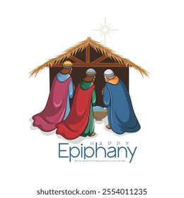 Illustration of the Three Wise Men presenting gifts to the newborn Baby Jesus under a starry night sky on Epiphany