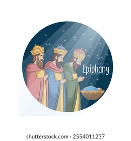 Illustration of the Three Wise Men presenting gifts to the newborn Baby Jesus under a starry night sky on Epiphany