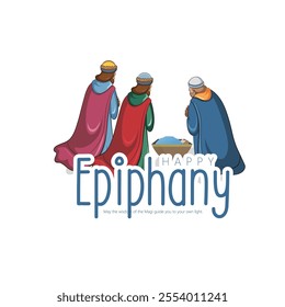 Illustration of the Three Wise Men presenting gifts to the newborn Baby Jesus under a starry night sky on Epiphany