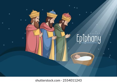 Illustration of the Three Wise Men presenting gifts to the newborn Baby Jesus under a starry night sky on Epiphany