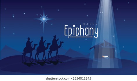 Illustration of the Three Wise Men presenting gifts to the newborn Baby Jesus under a starry night sky on Epiphany