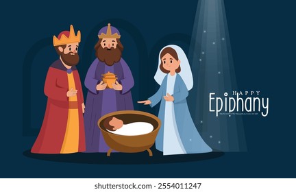 Illustration of the Three Wise Men presenting gifts to the newborn Baby Jesus under a starry night sky on Epiphany