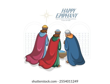 Illustration of the Three Wise Men presenting gifts to the newborn Baby Jesus under a starry night sky on Epiphany