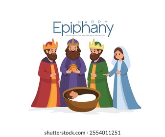 Illustration of the Three Wise Men presenting gifts to the newborn Baby Jesus under a starry night sky on Epiphany