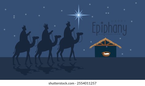 Illustration of the Three Wise Men presenting gifts to the newborn Baby Jesus under a starry night sky on Epiphany