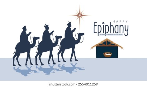 Illustration of the Three Wise Men presenting gifts to the newborn Baby Jesus under a starry night sky on Epiphany