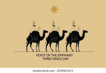 Illustration of the Three Wise Men riding camels, symbolizing Epiphany and Three Kings Day. Features minimalist black and gold tones with a star guiding their journey.