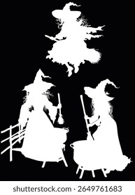 illustration with three witches isolated on black background