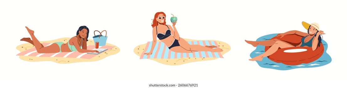 Illustration of three women enjoying leisure time at the beach. One reads a book, another drinks from a coconut, and the last one floats on water with a hat.