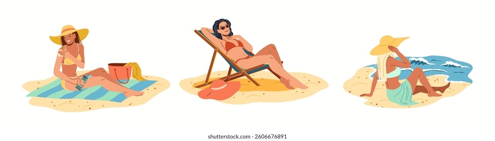 Illustration of three women enjoying a sunny day on a beach. One applies sunscreen, another relaxes on a chair, while the third enjoys the sea view.