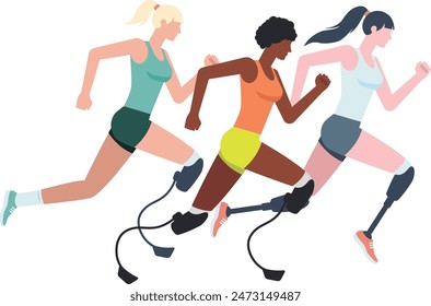 Illustration of three women running competition with leg prostheses in a tank top and shorts. Running athlete flat design illustration.