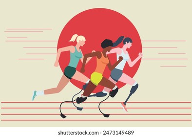 Illustration of three women running competition with leg prostheses in a tank top and shorts. Running athlete flat design illustration.