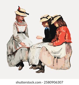 Illustration of three women in vintage dresses and hats, sitting together. They appear to be engaged in conversation or reading. Historical fashion theme. Vintage woman illustration isolated, vector.