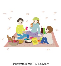 Illustration of three women watching cherry blossoms under the cherry blossoms