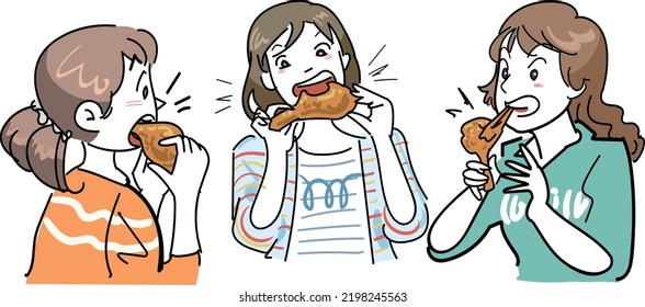 It is an illustration of three women who boldly eat chicken.