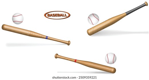 An illustration of three wooden baseball bats, each accompanied by a baseball. The bats vary in design with different colored grips, including blue, red, and black accents. A baseball logo