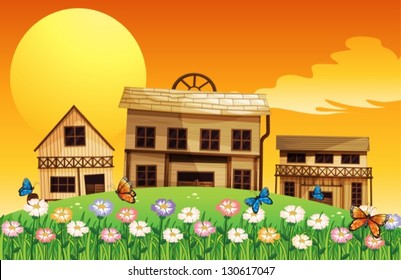 Illustration of the three wooden houses under a full moon