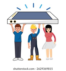 Ilustração de três trabalhadores segurando grande smartphone